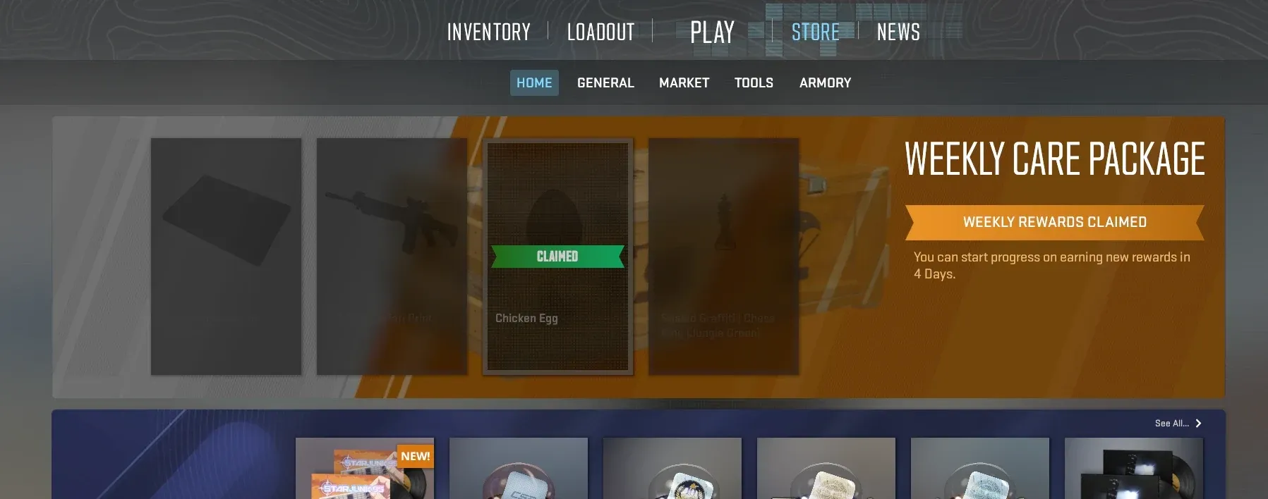 CS2 Weekly Care Package with the Chicken Egg claimed and the other three options greyed out