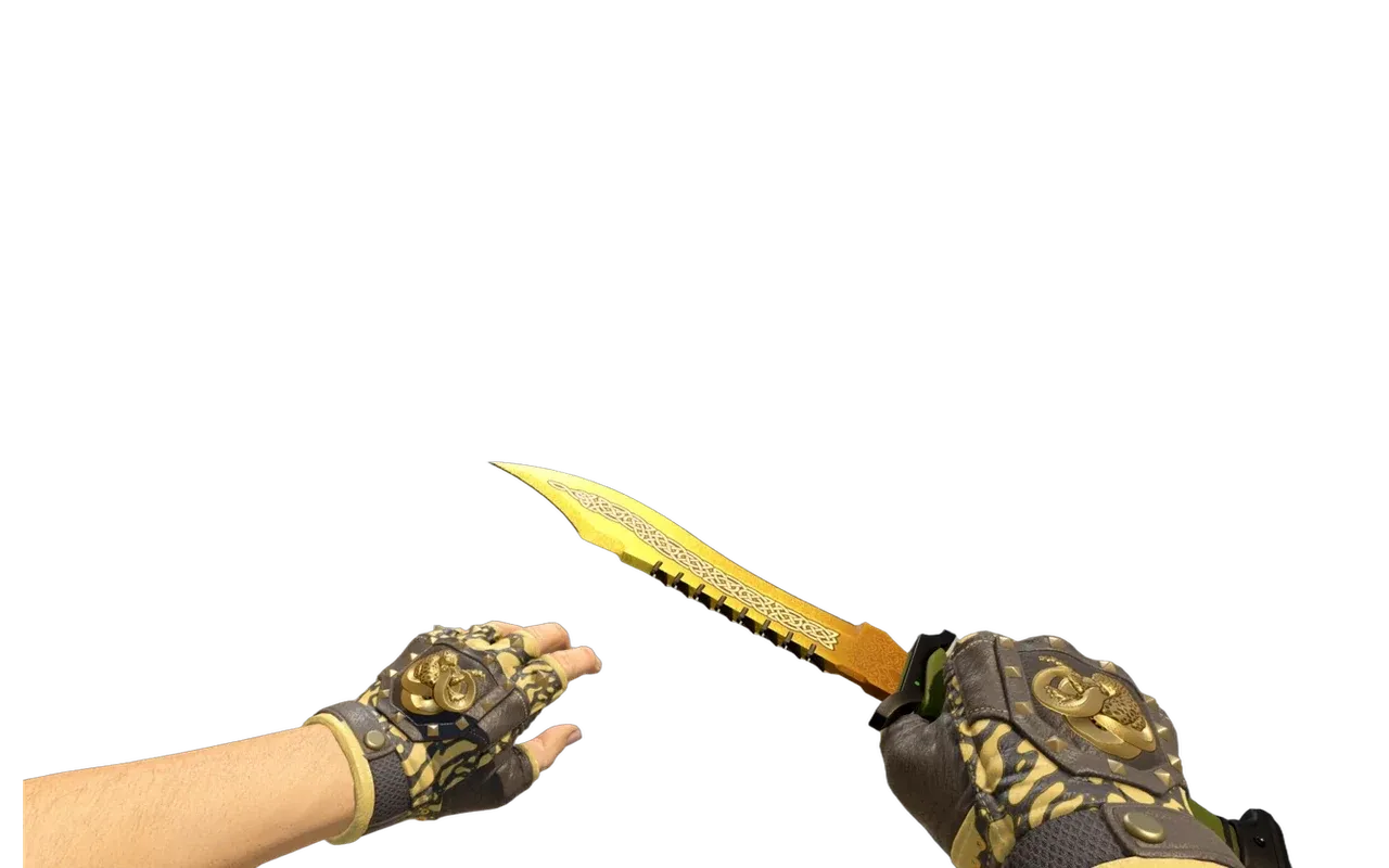 Bowie Knife Lore with Yellow-banded Broken Fang Gloves CS2 skin combo