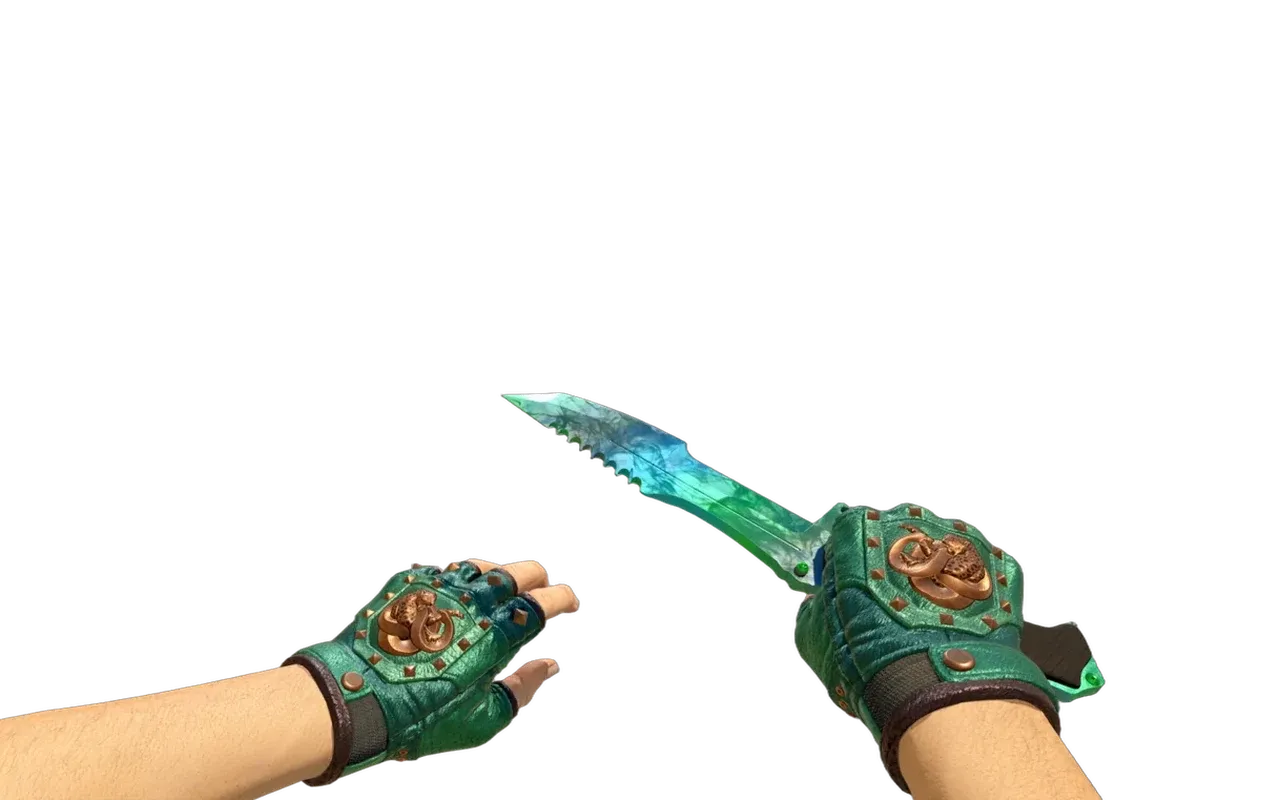 Huntsman Knife Gamma Doppler Phase 3 with Jade Broken Fang Gloves CS2 skin combo