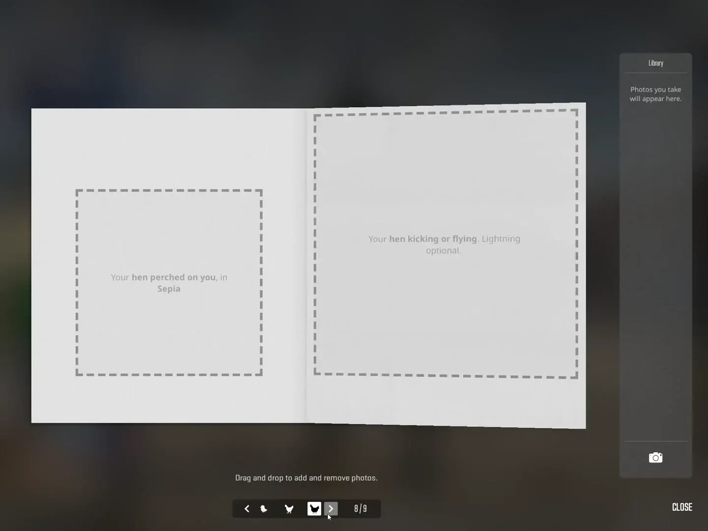 The hen chapter of the CS2 HatchBook with empty photo slots: "Your hen perched on you, in Sepia" and "Your hen kicking or flying"